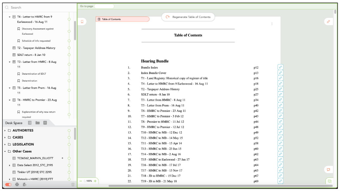 Image showing a newly created table of contents in a Casedo workspace