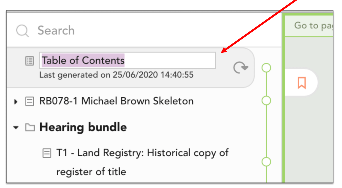 Image showing how to rename a table of contents in the Index of a Casedo workspace
