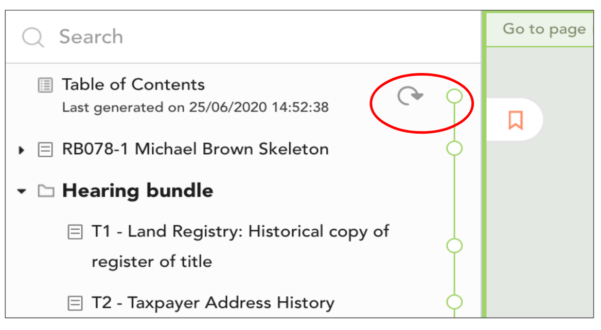 Image showing how to regenerate a table of contents in the Index of a Casedo workspace