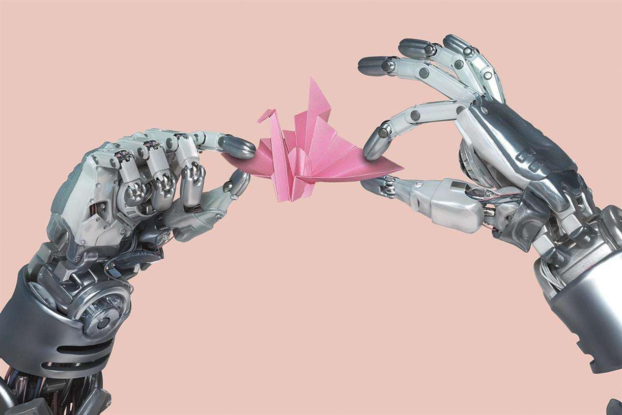 robotic AI hands creating a pink origami figure to illustrate Human Creativity and AI