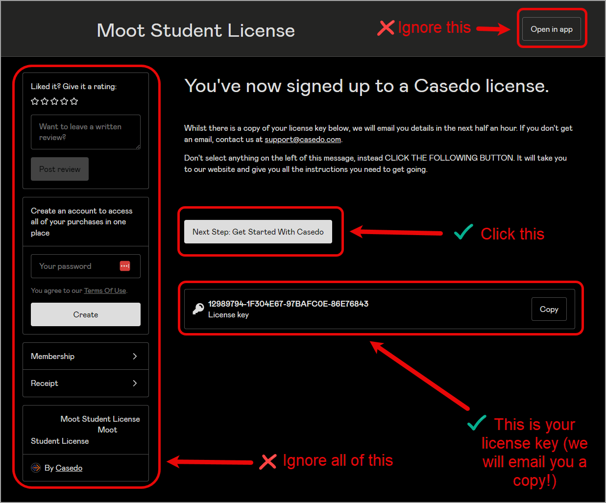 Screenshot of moot license purchase screen