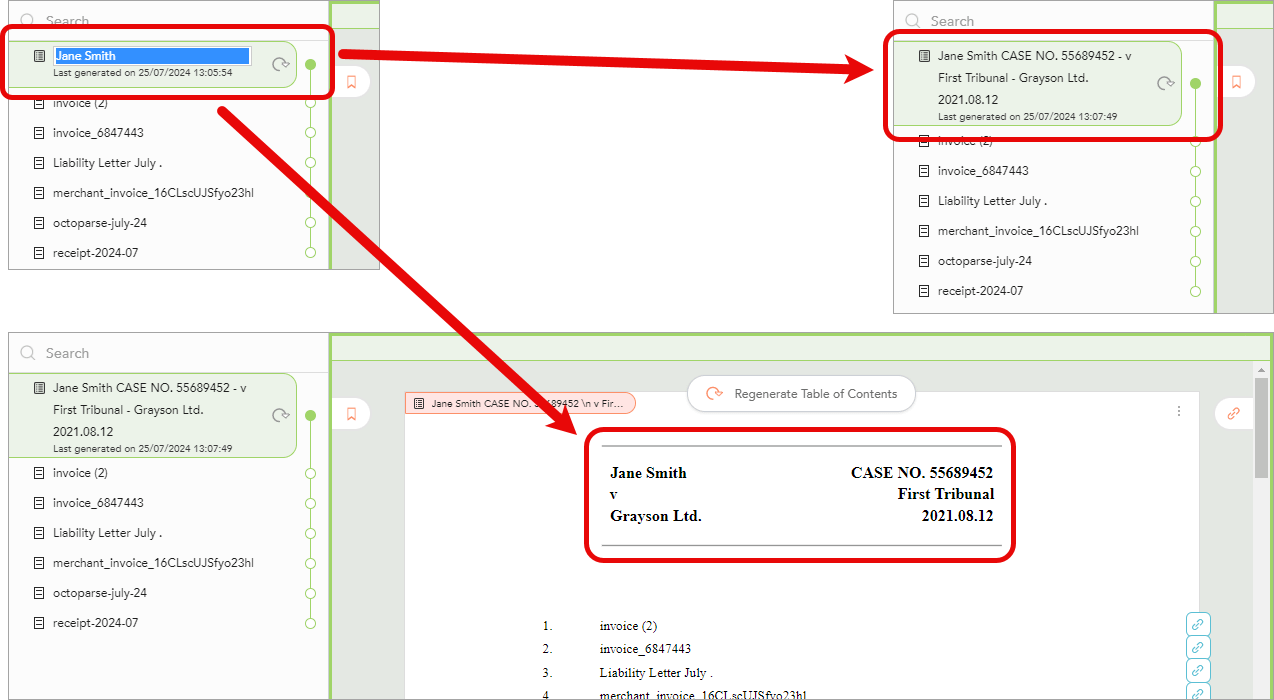 Screenshot example of adding line breaks to table of contents titles