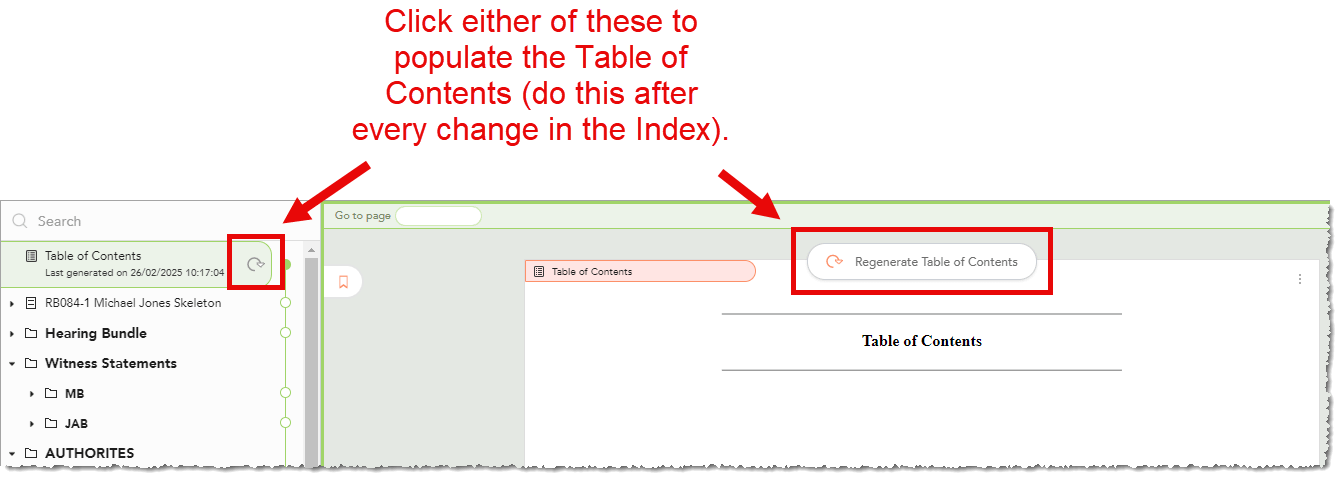 screenshot to illustrate how to regenerate the table of contents