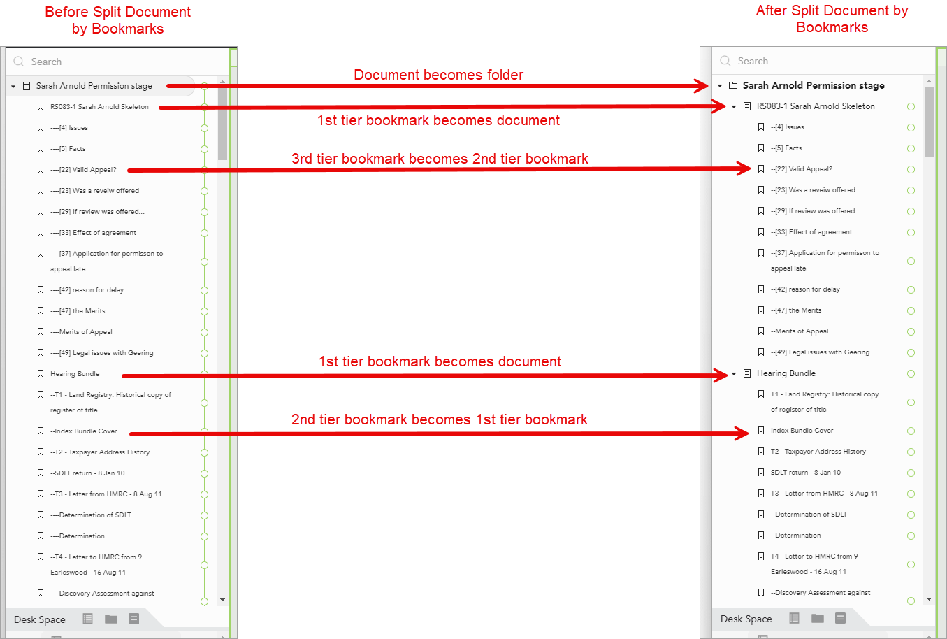 Before and after comparison of the Split Document by Bookmarks feature