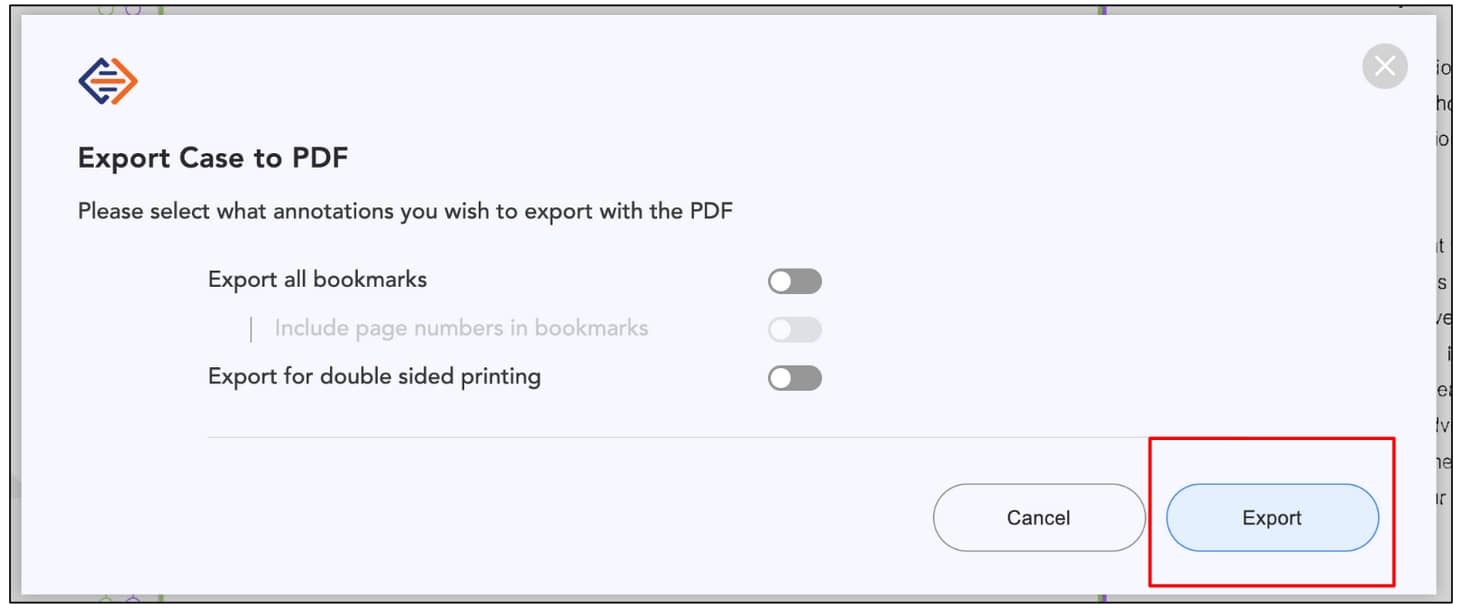 Image showing the 'Export Case to PDF' dialog box