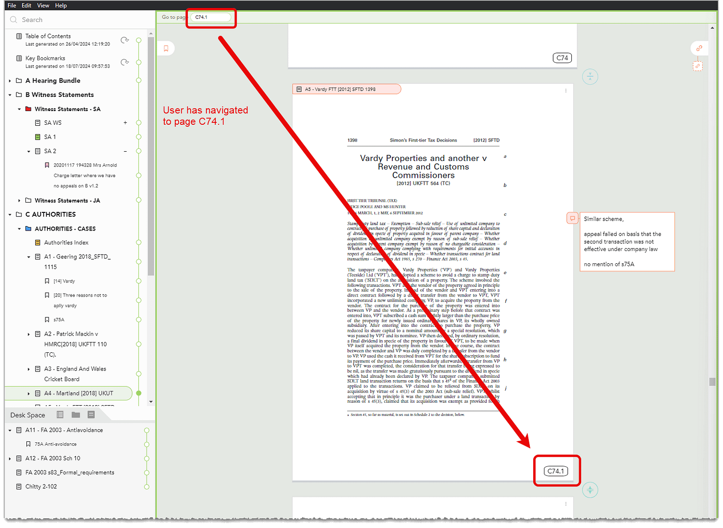 Casedo screenshot of the go to page feature in action