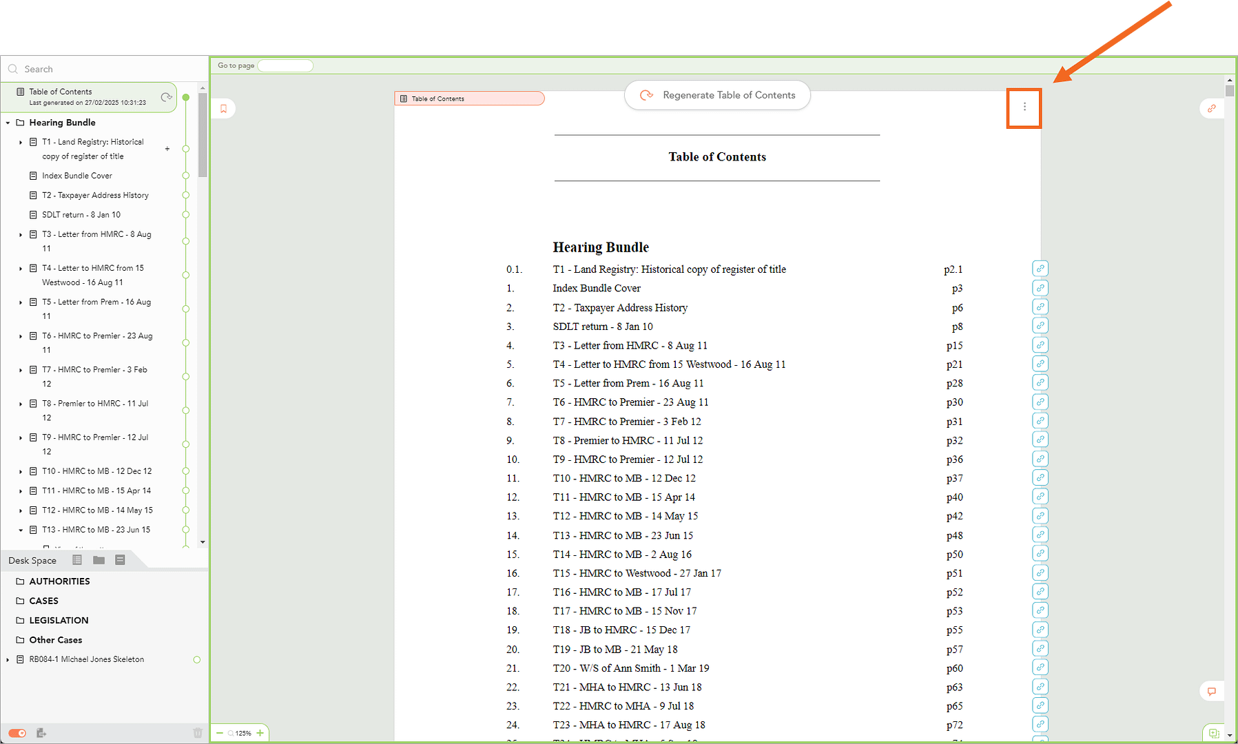 screenshot showing table of contents with the three vertical dots in the top righthand corner highlighted