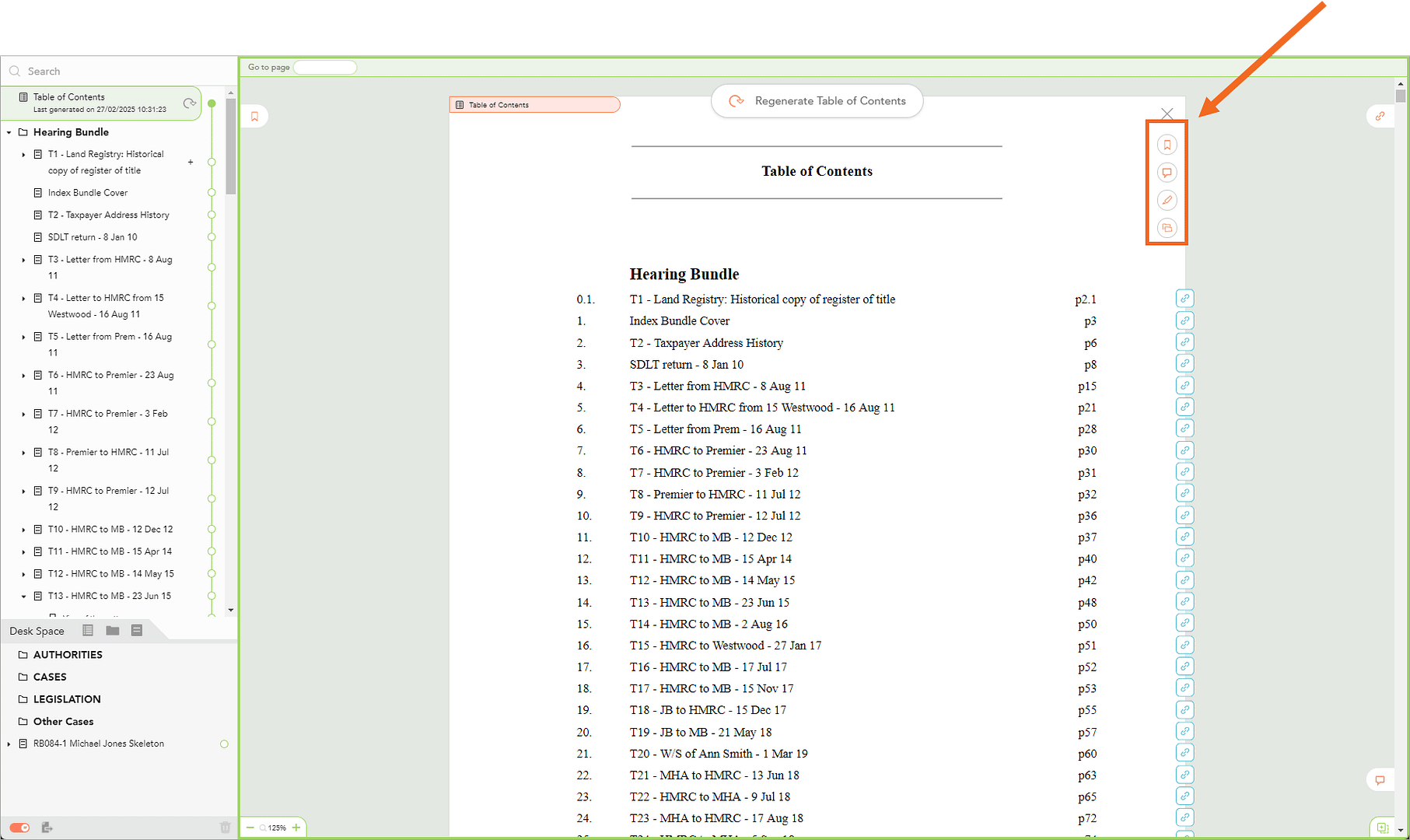Screenshot highlighting the annotation dropdown menu on the table of contents page