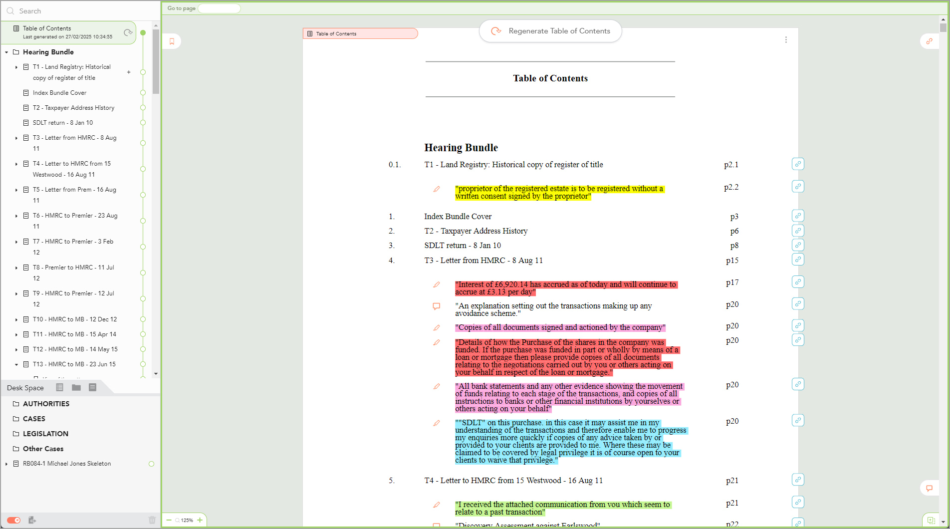 screenshot of an annotated table of contents