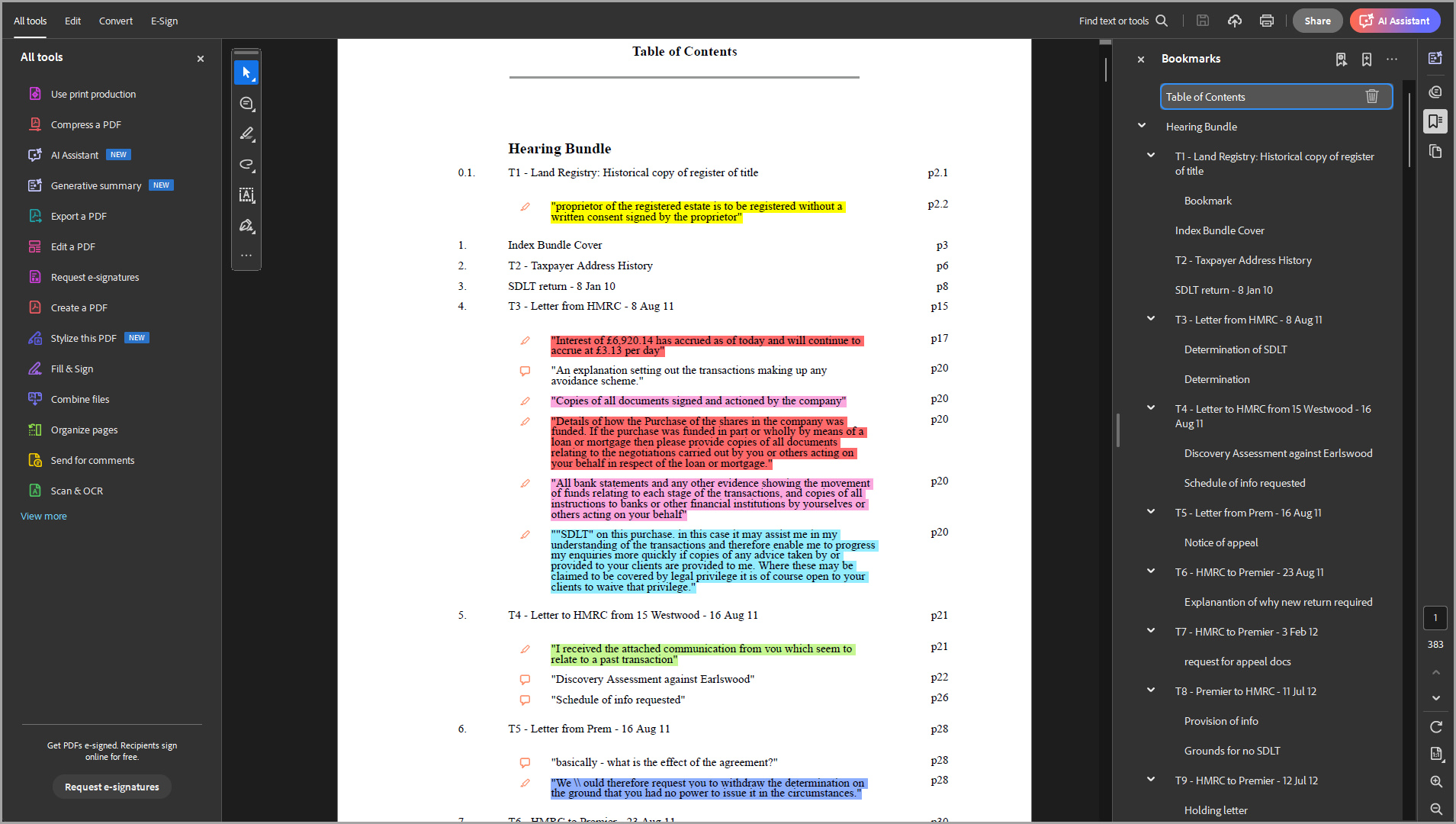 Screenshot of an annotated table of contents in an exported pdf ebundle