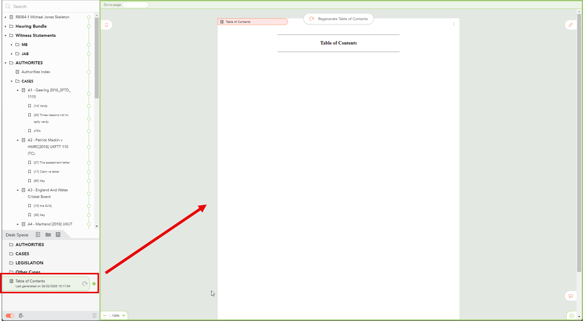 Screenshot showing an empty table of contents