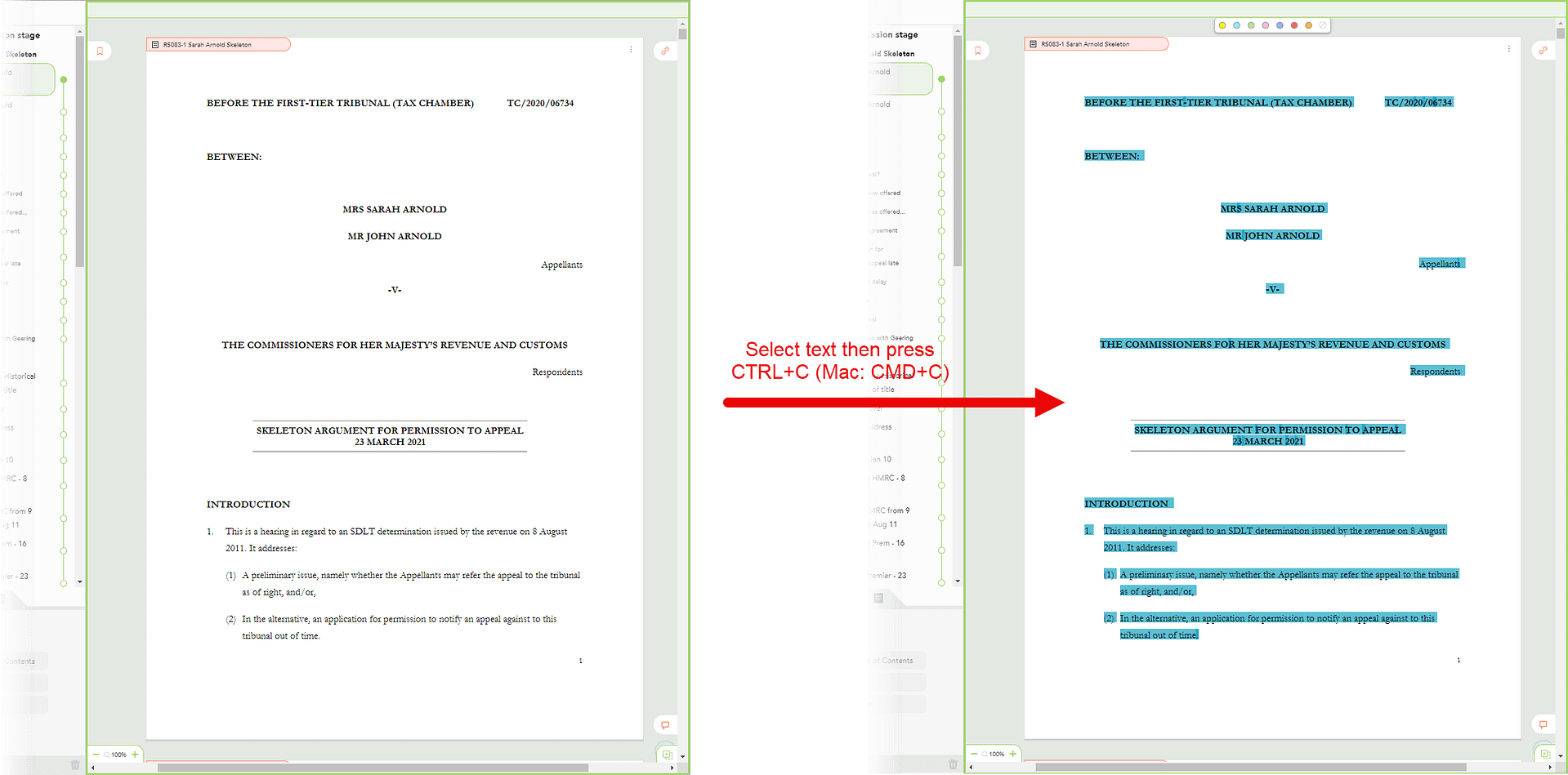 Screenshot of the Casedo UI illustrating selecting text