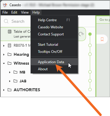 screenshot of Casedo UI with arrow pointing to Application Data.