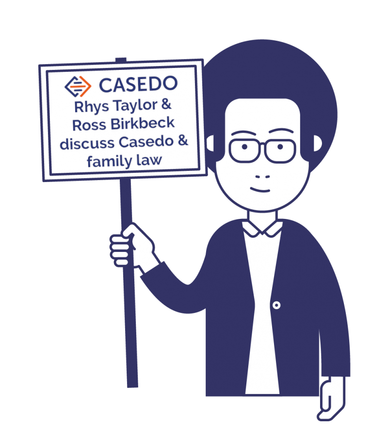 Casedo character holds up a placard advertising the family law webinar