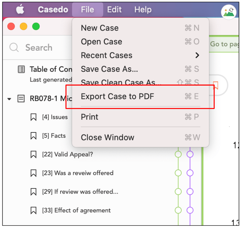 Image showing the 'Export case to pdf' dropdown menu item