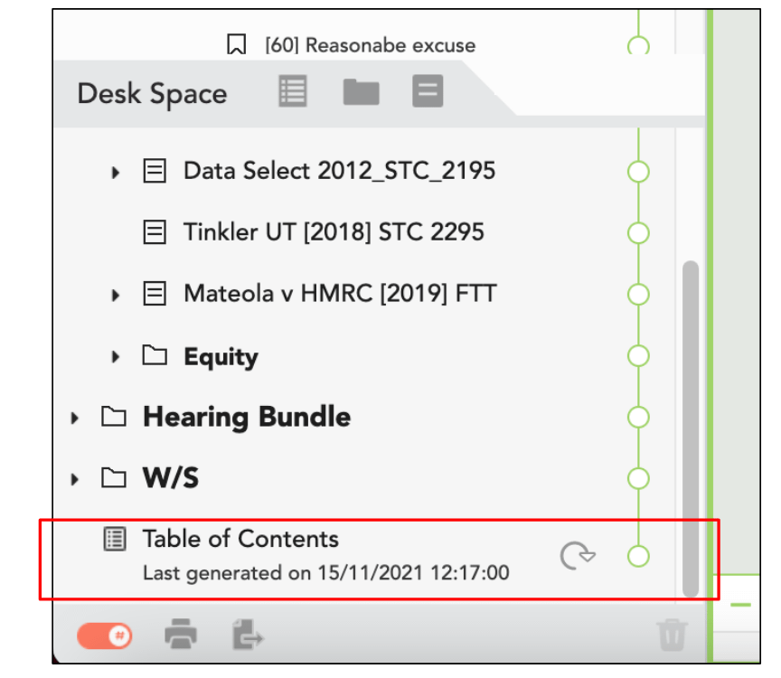 Image showing a newly created table of contents in the Index of a Casedo workspace