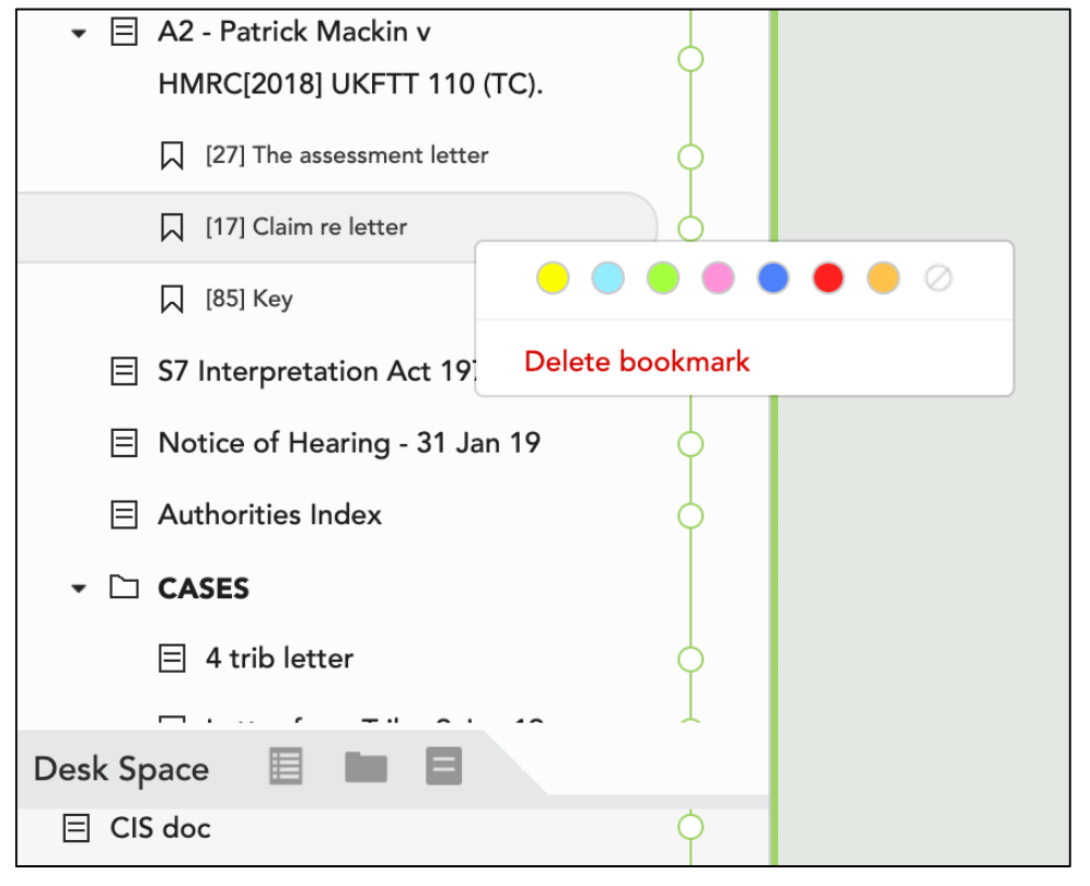 screenshot of how to delete a bookmark in Casedo from the index context menu